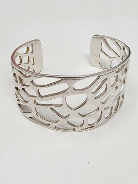 Sterling Silver 925 Wide Cutout Cuff Bracelet Modernist Openwork Statement Brace